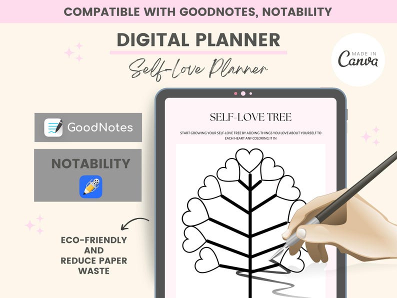 May include: A digital planner for self-love, compatible with GoodNotes and Notability apps. The planner features a black and white self-love tree with hearts to fill in. The text "SELF-LOVE TREE" is at the top of the page. The text "START GROWING YOUR SELF LOVE TREE BY ADDING THINGS YOU LOVE ABOUT YOURSELF TO EACH HEART AND COLORING IT IN" is below the tree.