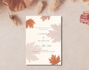 Rustic Autumn Fall Wedding Invitation, Maple Leaves Autumn Wedding Invite - DIY Fall Wedding Invite Template