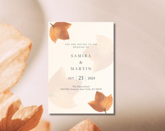 Rustic Autumn Fall Wedding invitation, Maple Leaves Fall Wedding Invite - DIY Fall Wedding Canva Template