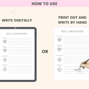 May include: A printable self-care routine checklist with icons for body and mind health, movement, rest and relaxation, and social connection. The checklist can be written on digitally or printed out and written by hand.