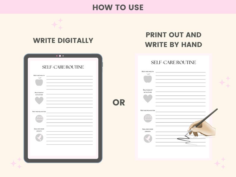 May include: A printable self-care routine checklist with icons for body and mind health, movement, rest and relaxation, and social connection. The checklist can be written on digitally or printed out and written by hand.