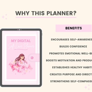 May include: A digital planner with a pink cover and the text "My Digital Self-Love Planner". The cover features a pink floral design with a woman in the center. The planner is shown on a tablet screen.