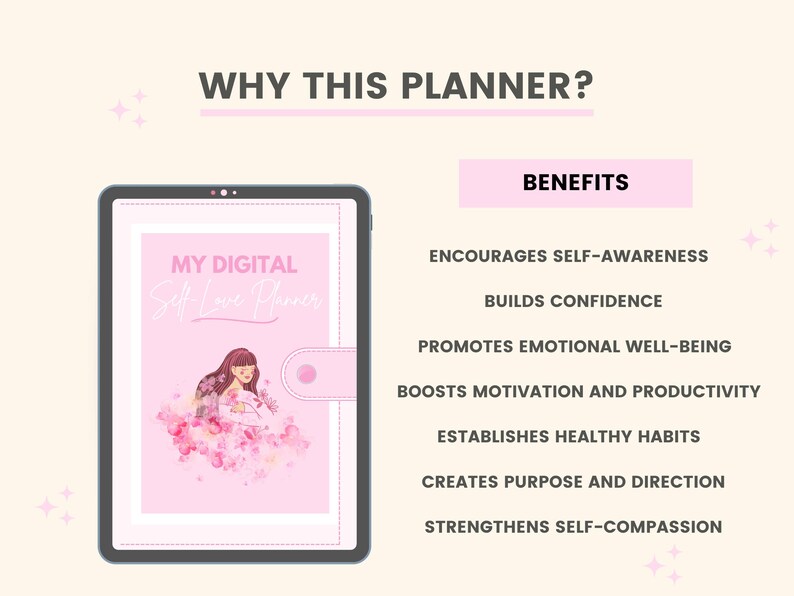 May include: A digital planner with a pink cover and the text "My Digital Self-Love Planner". The cover features a pink floral design with a woman in the center. The planner is shown on a tablet screen.