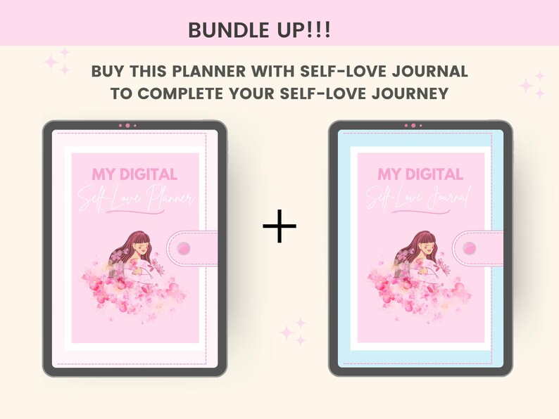 May include: A digital planner and journal bundle with a pink background and a cartoon illustration of a woman with flowers. The text on the planner says "My Digital Self Love Planner" and the text on the journal says "My Digital Self Love Journal".