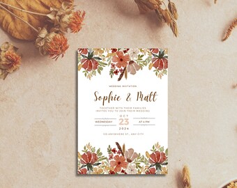 Terracotta Wedding Invitation Template, Terracotta Fall Wedding Invite - DIY Editable Autumn Wedding Invitation Template
