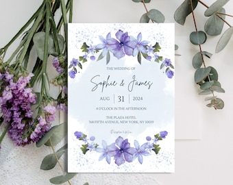 Floral Wedding Invite, Wildflower Garden Wedding Invite - DIY Editable Purple & Blue Wedding Invitation Template