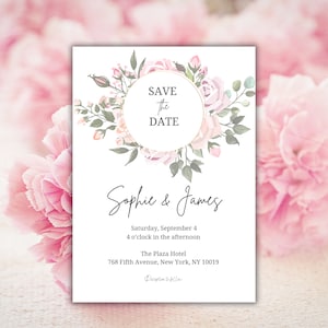 Pink Floral Wedding Invitation Template, Elegant Pink Garden Wedding invite - DIY Wedding Invite Template