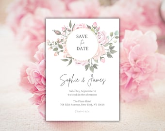 Pink Floral Wedding Invitation Template, Elegant Pink Garden Wedding invite - DIY Wedding Invite Template