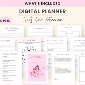 May include: A digital planner with a pink cover featuring a cartoon woman with flowers. The planner includes pages for daily reflection, weekly reflection, self-care routine, self-love checklist, self-love tree, self-love to do list, and mindfulness journal.