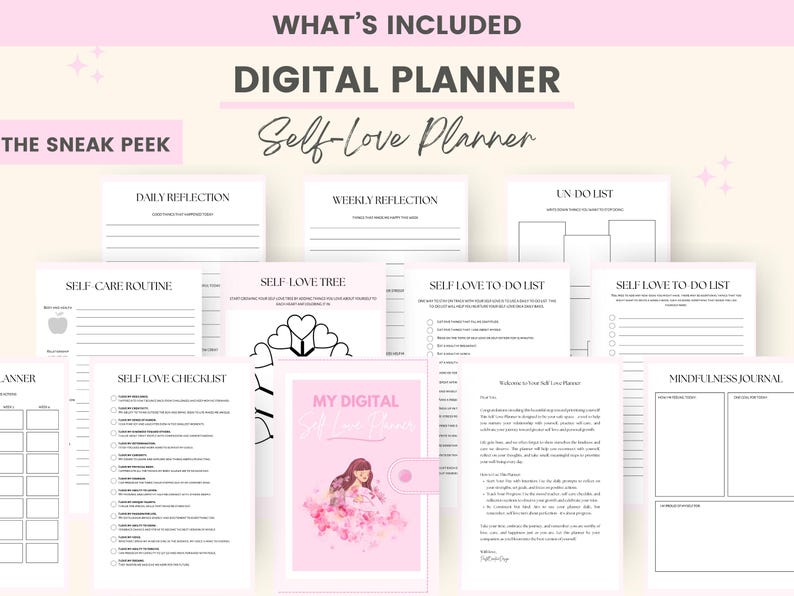 May include: A digital planner with a pink cover featuring a cartoon woman with flowers. The planner includes pages for daily reflection, weekly reflection, self-care routine, self-love checklist, self-love tree, self-love to do list, and mindfulness journal.