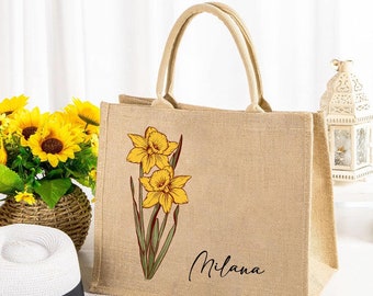 Personalized Birth Flower Jute Tote,Jute Floral Tote Bag,Flower Tote with Name,Mothers Day Gift,Birthday Gift,Personalized Gift,Gift For Her