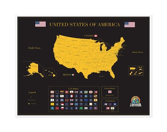 Plakat z mapą USA w kolorze złotym i czarnym – wydruk podróżny w stylu vintage, sztuka ścienna z motywem geograficznym, dekoracja domowego biura, prezent dla miłośników historii i map