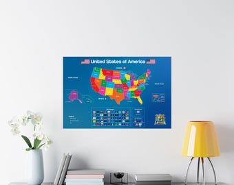Plakat z mapą USA – kolorowa mapa podróży, sztuka ścienna do salonu, prezent edukacyjny, wystrój domu, śledzenie przygód, wydruk do planowania podróży