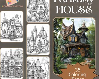 35 afdrukbare kleurplaten van fantasiehuizen, kleurplaten voor volwassenen, schattige kinderkleurplaten, direct afdrukbare digitale download