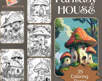 35 afdrukbare Fantasy Mushroom House kleurplaten, kleurplaten voor volwassenen, schattige kinderen kleurplaten, Instant afdrukbare digitale download