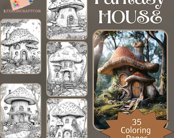35 afdrukbare Fantasy Mushroom House kleurplaten, kleurplaten voor volwassenen, schattige kinderen kleurplaten, Instant afdrukbare digitale download