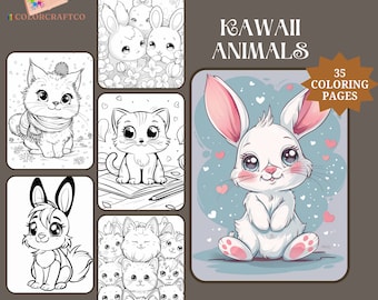 35 Kawaii dieren kleurplaten, volwassenen Instant Download grijswaarden kleurplaat, afdrukbare Pdf, schattige Kawaii dieren