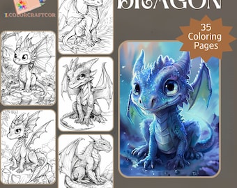 35 schattige baby draken kleurplaten, kleurplaten voor volwassenen, grijswaarden printables, instant download voor stressverlichting