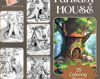 35 afdrukbare kleurplaten Fantasy huizen bomen, kleurplaten voor volwassenen, schattige kinderen kleurplaten, Instant afdrukbare digitale download