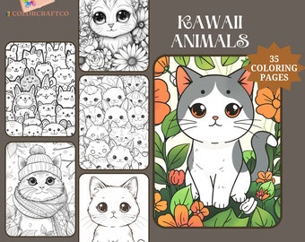 35 Kawaii kleurplaat, kleurplaten voor volwassenen, schattige kinderen dierenkleurplaten, direct afdrukbare digitale download