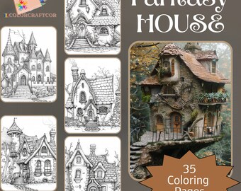 35 afdrukbare kleurplaten van fantasiehuizen, kleurplaten voor volwassenen, schattige kinderkleurplaten, direct afdrukbare digitale download