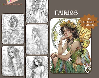 35 Fairy kleurplaten, Fairy portretten kleurplaten, volwassenen Fantasy kleurboek, grijswaarden afdrukbaar kleurboek