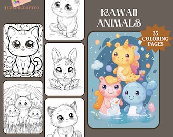 35 Kawaii kleurplaat, kleurplaten voor volwassenen, schattige kinderen dierenkleurplaten, direct afdrukbare digitale download