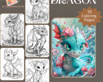 35 schattige baby draken kleurplaten, kleurplaten voor volwassenen, grijswaarden printables, instant download voor stressverlichting