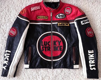 True Vintage Lucky Strike leather jacket motorcycle motorbike racing Marlboro motorsport rare retro “L” size