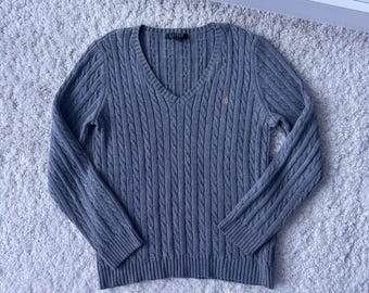 Vintage Ralph Lauren Knit Sweater: Women's Gray Ribbed Jumper “L” size