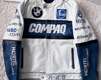 True Vintage BMW Compaq Racing Leather Jacket – Motorsport F1 Motorbike Retro Style