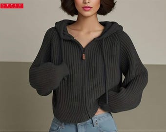 Cardigan à capuche zippé en grosse maille | Pull en polyester pour femme