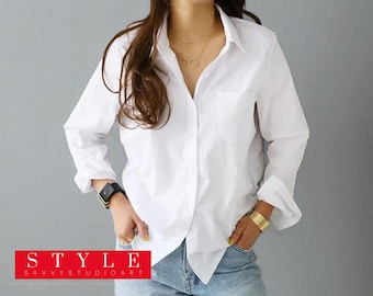 White Cotton Blouse – Long Sleeve Elegant Office Shirt