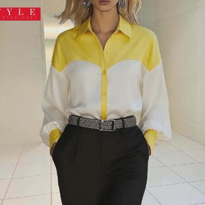 Women's Color Block Work Shirt Yellow & White Patchwork Blouse 2026 Office Fashion Long Sleeve Button Down Top