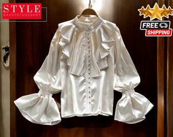 Ruffle Puff Sleeve Blouse | Women's Goth-Inspired Long-Sleeve Top