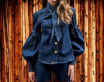 Women's Denim Blouse | Long Sleeve with Buttons Top | Fashionable Streetwear