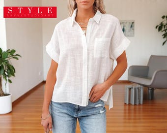 Chic Cotton-Linen Blouse: Short Sleeve Flowy Top