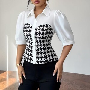 Women's Houndstooth Patchwork Blouse - White Puff Sleeve Button Down Shirt - Elegant Black and White Fitted Top for Office and Daily Wear