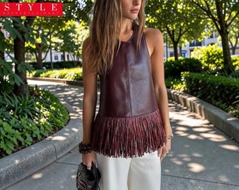 Faux Leather Fringe Top Backless Halter Neck Corset Western Festival Party Tank Top