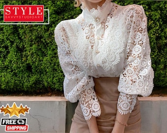 Victorian Floral Lace Blouse: Elegant Oversized Long-Sleeve Top