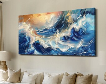 Pintura al óleo de ondas abstractas, pintura abstracta grande sobre lienzo, arte de pared azul moderno, arte de pared para sala de estar, pintura de regalo personalizada, decoración de moda