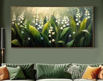 Grande peinture florale originale sur toile, art mural moderne de salon, jungle verte avec fleurs blanches, peinture acrylique, cadeau personnalisé, peinture