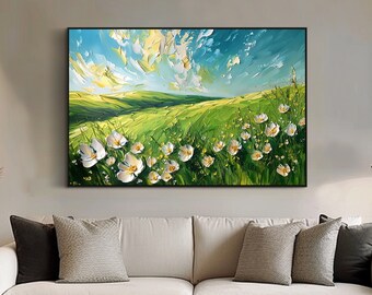 Original Green Painting on Canvas Large Abstract Wall Art Spring Bright Flower Painting Textured Wall Art Living Room Wall Art Gift For Her