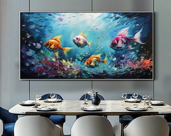 Original Unterwasser Tropisches Fisch Ölgemälde auf Leinwand Blauer Ozean Gemälde Moderne Wandkunst Abstrakte Unterwasserlandschaft Kunst Geschenk Gemälde