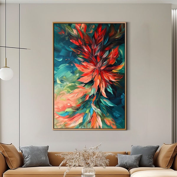 Abstract botanical Oil Painting on Canvas Modern Wall Art Original Textured Acrylic Painting Living Room Wall Art Elegant Red Leaf Painting