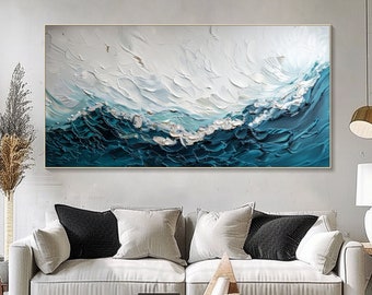Large Abstract 3D Ocean Waves Painting Textured Wall Art Minimalist Painting on Canvas Original Blue Abstract Painting Living Room Wall Art