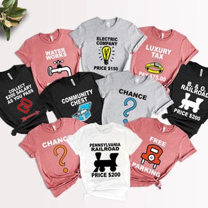 Camisetas de fantasia de Halloween do jogo Monopoly, camisetas engraçadas de cosplay de cartas Monopoly, fantasia de Halloween em grupo, camisetas Monopoly combinando para a família