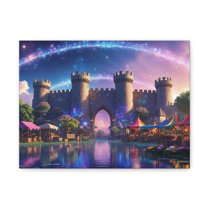 Canvas Wall Art, Medieval Castle Bridge Scene, Waterfront Market Print, Home Decor, Office Decoration, Large Wall Hanging, Gift for Art