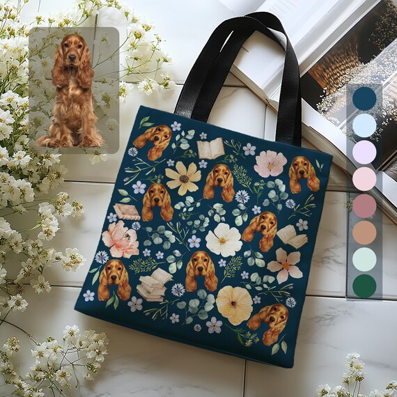 Personalised Watercolour Pet Portrait Canvas Bag, Unique Double-Sided Bag with Books and Botanicals, Great Gift for Pet & Book Lovers