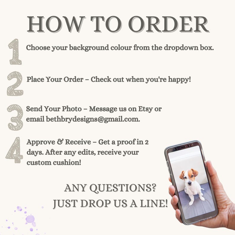 May include: How to order a custom cushion: 1. Choose a background colour. 2. Place your order. 3. Send a photo. 4. Approve a proof. Any questions? Just drop us a line!